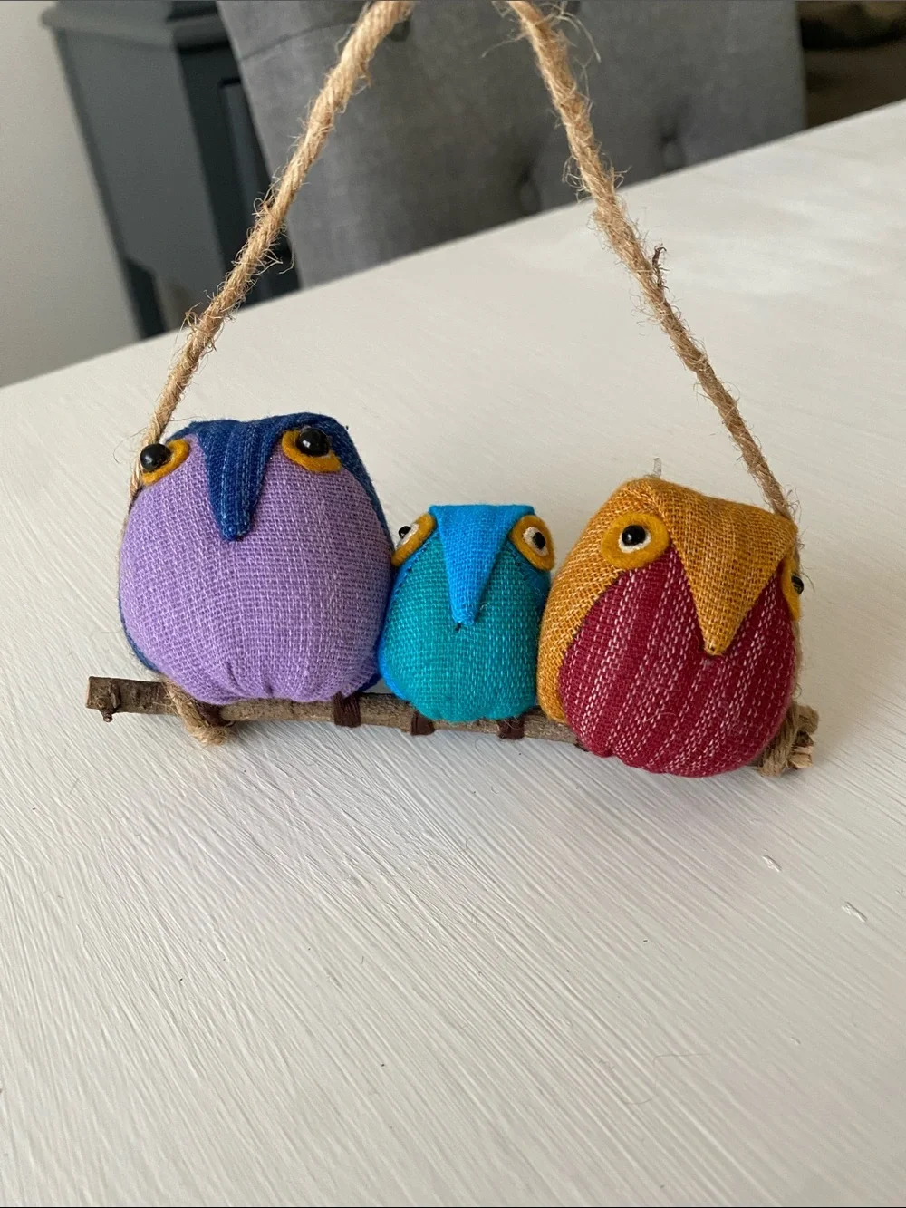 Colorful Fabric Owl Trio on a Branch Hanging Ornament - Farmhouse Rustic